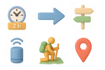 Travel and navigation icons in 3d design with hiking and location elements