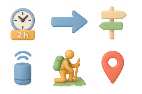 Travel and navigation icons in 3d design with hiking and location elements