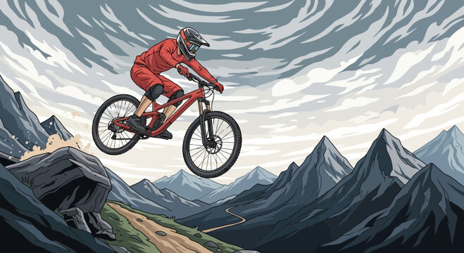 Downhill mountain biker leaps over a rocky crest, panoramic mountain vista