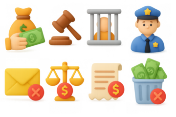 Legal and financial justice icons set featuring 3d style with money, police, and scales