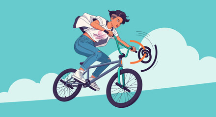 Fototapeta premium Dynamic female BMX rider performing tricks with vibrant, stylized design