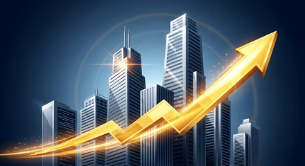Golden arrow ascending over a modern city skyline, symbolizing financial growth, real estate investment, and corporate success