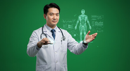 A doctor presenting a holographic human body on a green screen, perfect for medical technology ads, healthcare visuals, and innovative medicine designs.