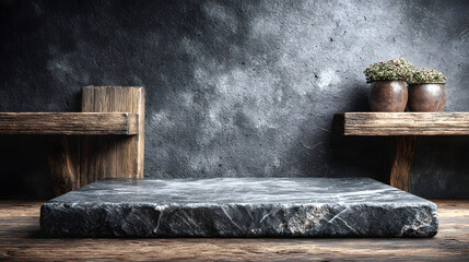 empty grey marble tabletop with dark black cement stone background for product displayed in rustic mood and tone. luxury background for product stand with empty copy space for party, promotion.
