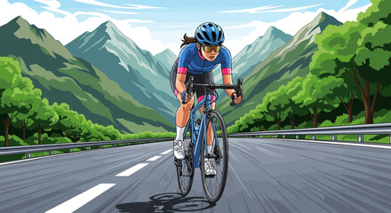 Fototapeta premium Female cyclist ascending mountain road, pushing limits on long ride