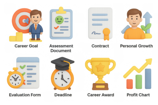 Business success icons: career goals, personal growth, and achievement symbols