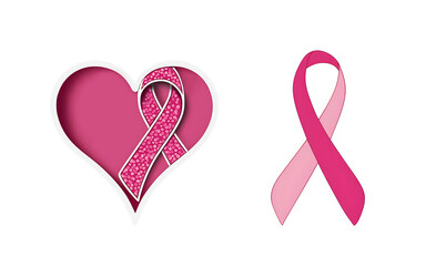 Fototapeta premium Classic breast cancer awareness ribbon stickers with heart and pink symbol, textured and minimal design, PNG clipart on transparent background