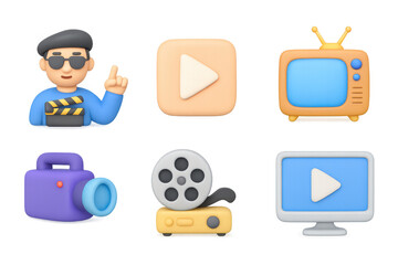 3d cartoon cinema elements: director, play icon, vintage tv, camera, film reel