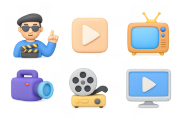 3d cartoon cinema elements: director, play icon, vintage tv, camera, film reel