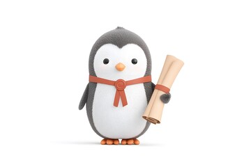 Fototapeta premium penguin proudly holding a science medal and certificate, award ceremony moment, 3d animation, isolated on a white background