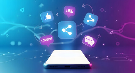 Conceptual illustration of social media interaction with a mobile phone showing share, like, and comment icons for digital communication and community engagement