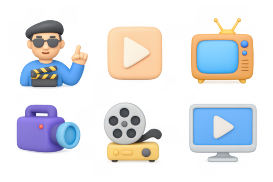 3d cartoon cinema elements: director, play icon, vintage tv, camera, film reel