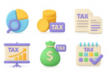 Colorful 3d icons for tax financial planning with charts and documents