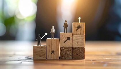 Wooden staircase of ascending blocks with figurines and arrows—highlighted top figure and mentor evoke growth, achievement, and symbolic personal development in structured motivational composition.