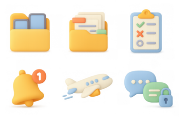 3d colorful icons: folder, checklist, notification, airplane, chat, security