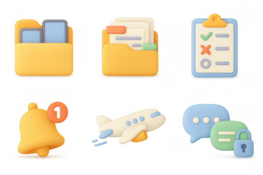 3d colorful icons: folder, checklist, notification, airplane, chat, security