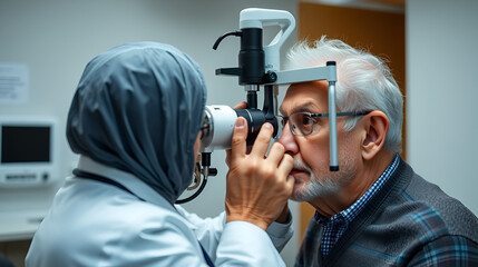 Doctor examining senior patient for macular degeneration during eye examination in clinic hospital setting with focused lighting.