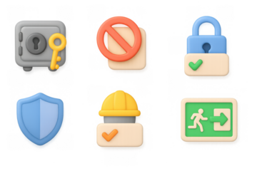 Secure icon set featuring safe, shield, and exit symbols in 3d style
