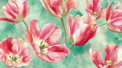 Watercolor painting of vibrant pink and white tulips on a textured green background