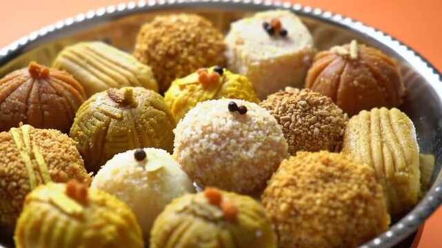 Colorful assortment of traditional Indian sweets arranged on a decorative plate, showcasing festive treats