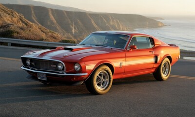 Naklejka premium Classic red muscle car on coastal road