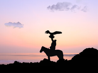 silhouette of man holding eagle on sunset