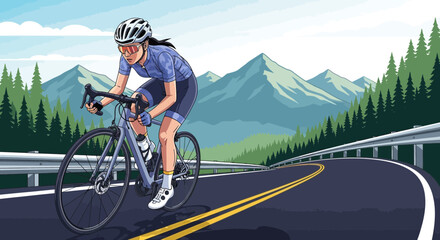 Naklejka premium Woman cyclist riding uphill on scenic mountain road in vector illustration