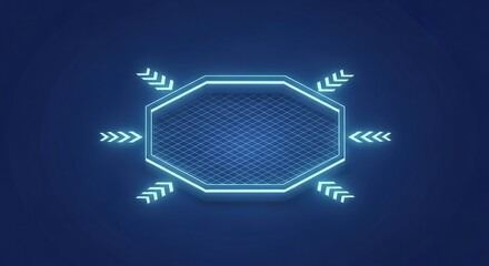 Futuristic digital network with glowing hexagonal core and arrows