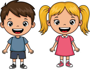 Cartoon children standing side by side, smiling boy and girl, colorful outfit, expressive eyes, friendly pose, cheerful, cute, happy, playful, illustration