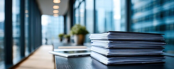Detailed view of important documents stack concept. Modern office interior showcasing productivity and professionalism.
