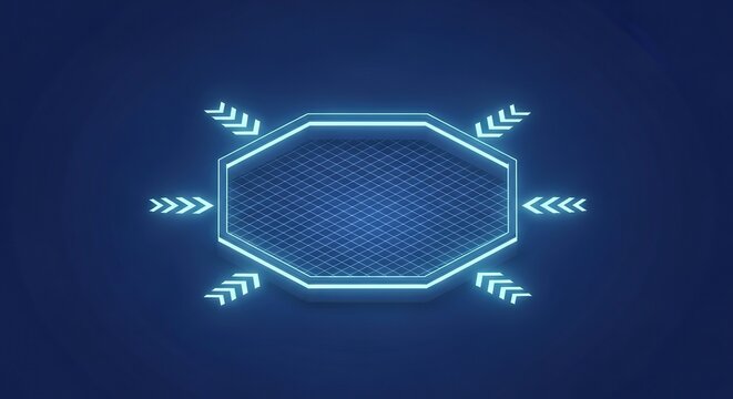 Futuristic digital network with glowing hexagonal core and arrows