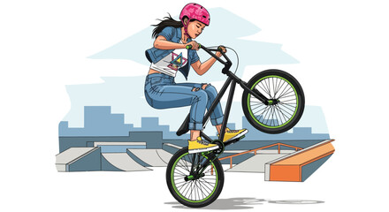 Fototapeta premium Young woman performing BMX tricks in urban skatepark illustration