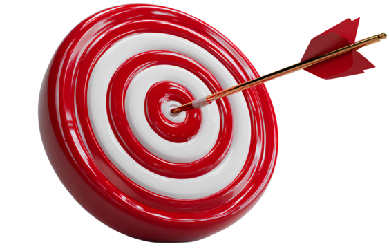 3d red target with an arrow hitting the bullseye on a transparent background, png file.v.png - Powered by Adobe