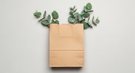 Minimalist aesthetic of kraft paper bag with eucalyptus branch accent
