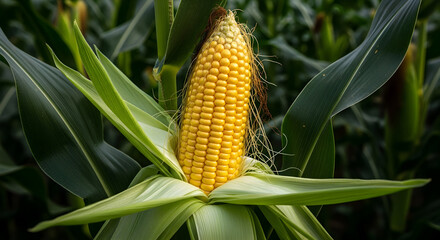 Vibrant dried corn cob on the stalk, showcasing golden kernels in a green field.