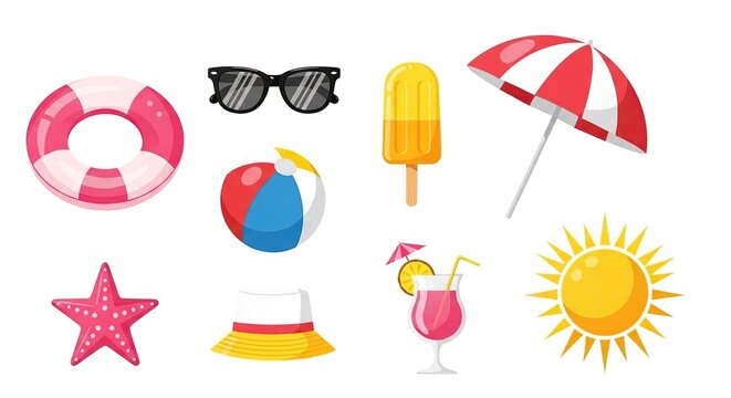 Colorful summer beach icons and accessories collection