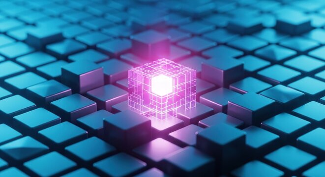 Futuristic digital network with glowing central node and grid connections