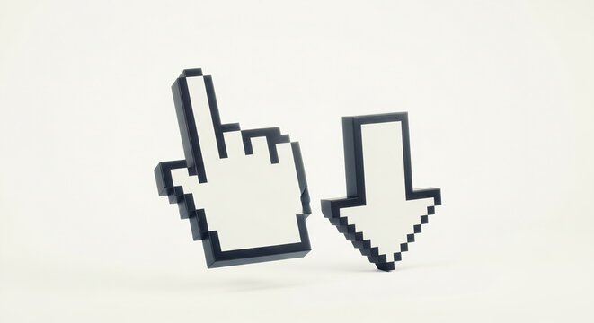 Pixelated hand cursor and arrow isolated on white background - Powered by Adobe