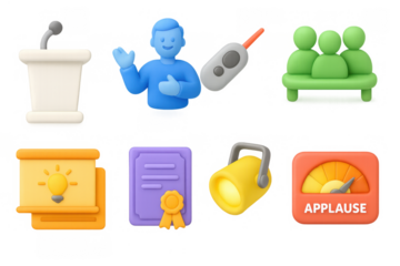 3d icons of presentation elements including podium, speaker, and applause meter