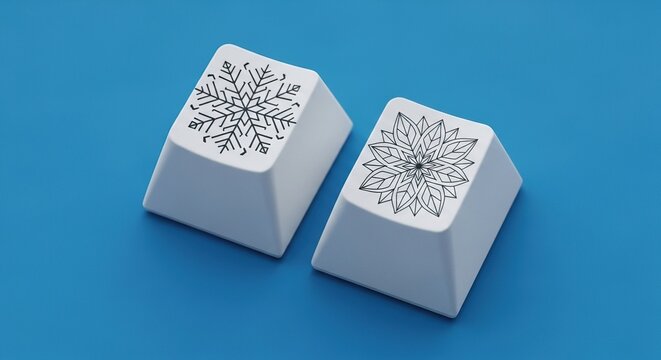 Two custom keyboard keys with snowflake design isolated on white background - Powered by Adobe