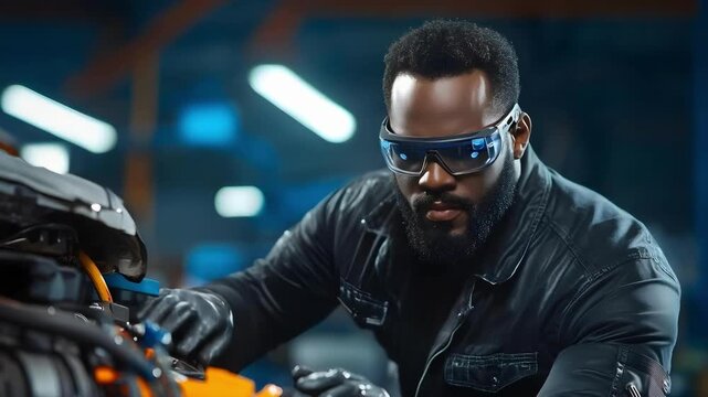 A bearded mechanic wearing safety goggles and gloves works on a motorcycle engine in a workshop.