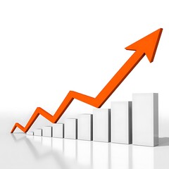 Orange arrow graph showing upward trend over white bars on reflective surface chart growth