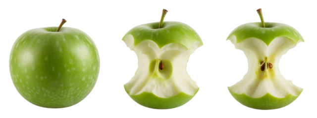 Fresh green apple transforms into a bitten core, showcasing the journey from whole to consumed, perfect for healthy eating concepts and food progression stories