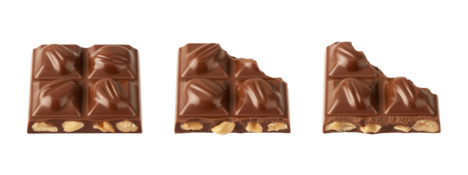 Indulgent milk chocolate bar with crunchy nuts, showcasing whole and bitten pieces for irresistible snack appeal and confectionary marketing.