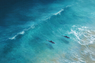 Fototapeta premium breathtaking aerial shot of clear ocean waters beauty of dolphin fins gracefully cutting through waves
