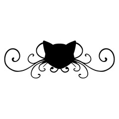 Logo con silueta de cabeza de gato negro con filigrana caligráfica. Silueta con florituras para tarjetas y felicitaciones de Halloween © teracreonte