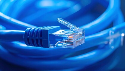 Blue Ethernet cable with transparent RJ45 connector&mdash;precise, sleek, and wired for connection. A close-up of digital infrastructure, where speed and clarity meet in silent transmission.