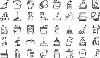 Housekeeping Tools Outline Vector Illustration Set Isolated on Transparent Background