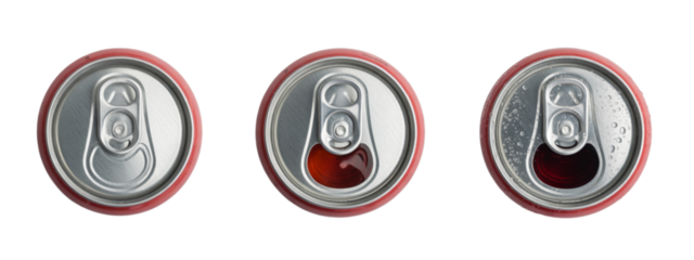 Three refreshing soda cans shown from above, one sealed, one partially opened, and one fully open with condensation droplets, perfect for beverage marketing campaigns and refreshment imagery.