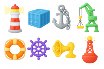 Colorful nautical elements in 3d design: lighthouse, anchor, ship wheel, and more